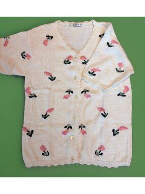 Vintage Women's Floral Short Sleeve Cardigan Size M Scalloped Feminine Cottage